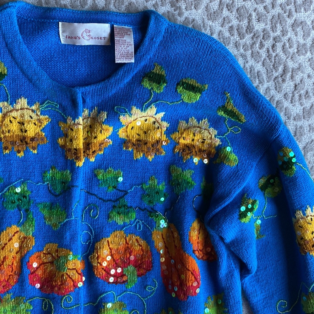 Vintage Jane’s Closet Rare Embroidered Harvest Sequin Cardigan Sweater, size L - Picture 3 of 7
